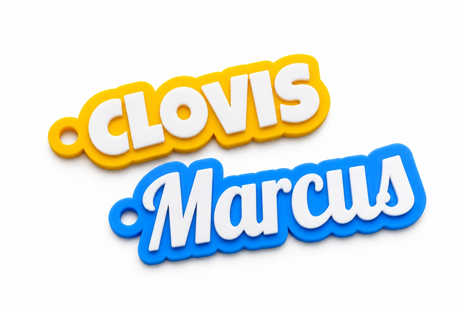 Illustrative studio image of yellow Clovis and blue Marcus personalized name keychains