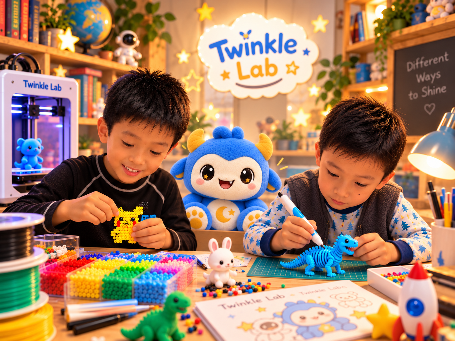 Marcus making a Pikachu bead craft, Clovis working on a dinosaur, and their blue buddy Marclo together in the Twinkle Lab studio